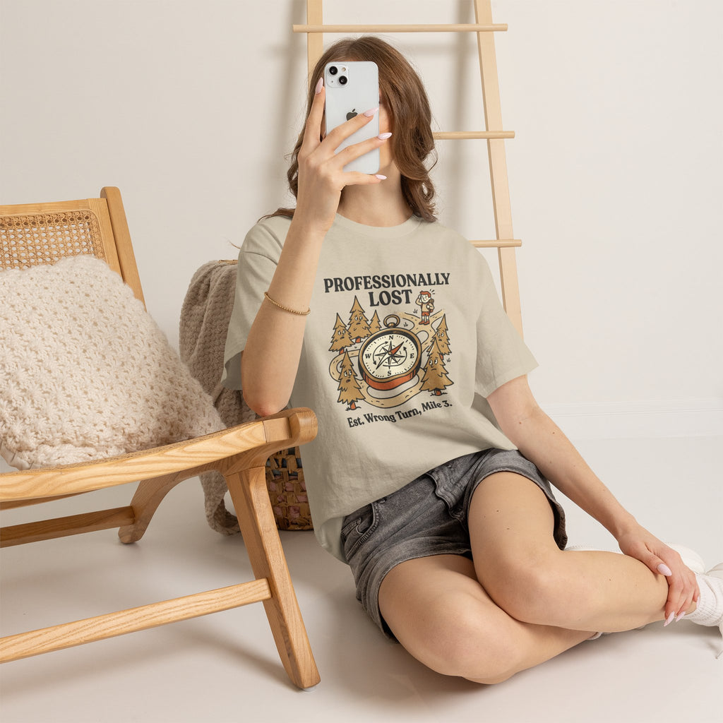 Professionally Lost Compass T-Shirt — Funny Hiking Shirt (“Est. Wrong Turn, Mile 3”)