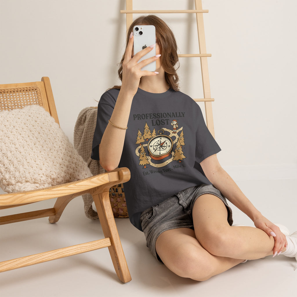 Professionally Lost Compass T-Shirt — Funny Hiking Shirt (“Est. Wrong Turn, Mile 3”)