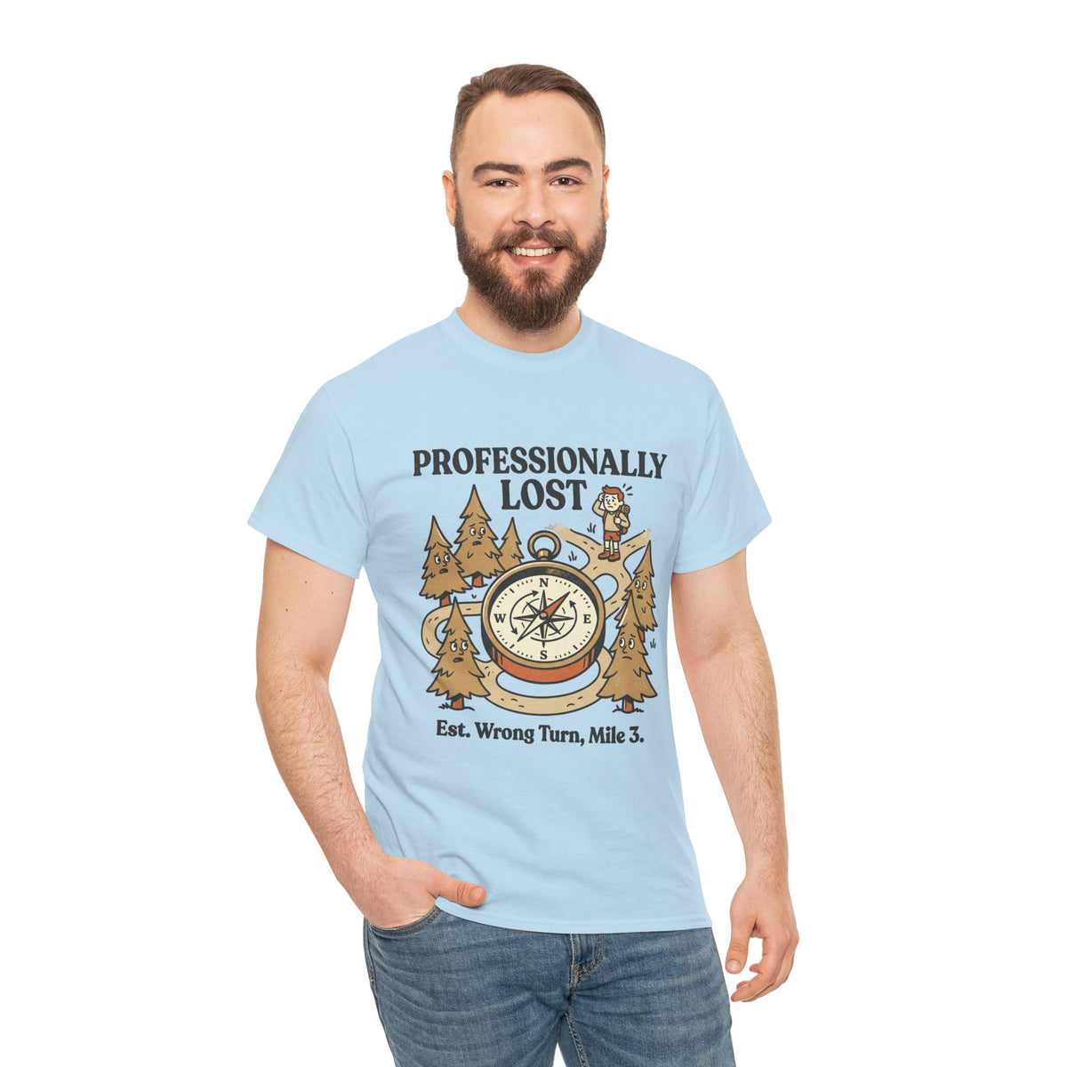 Professionally Lost Compass T-Shirt — Funny Hiking Shirt (“Est. Wrong Turn, Mile 3”)