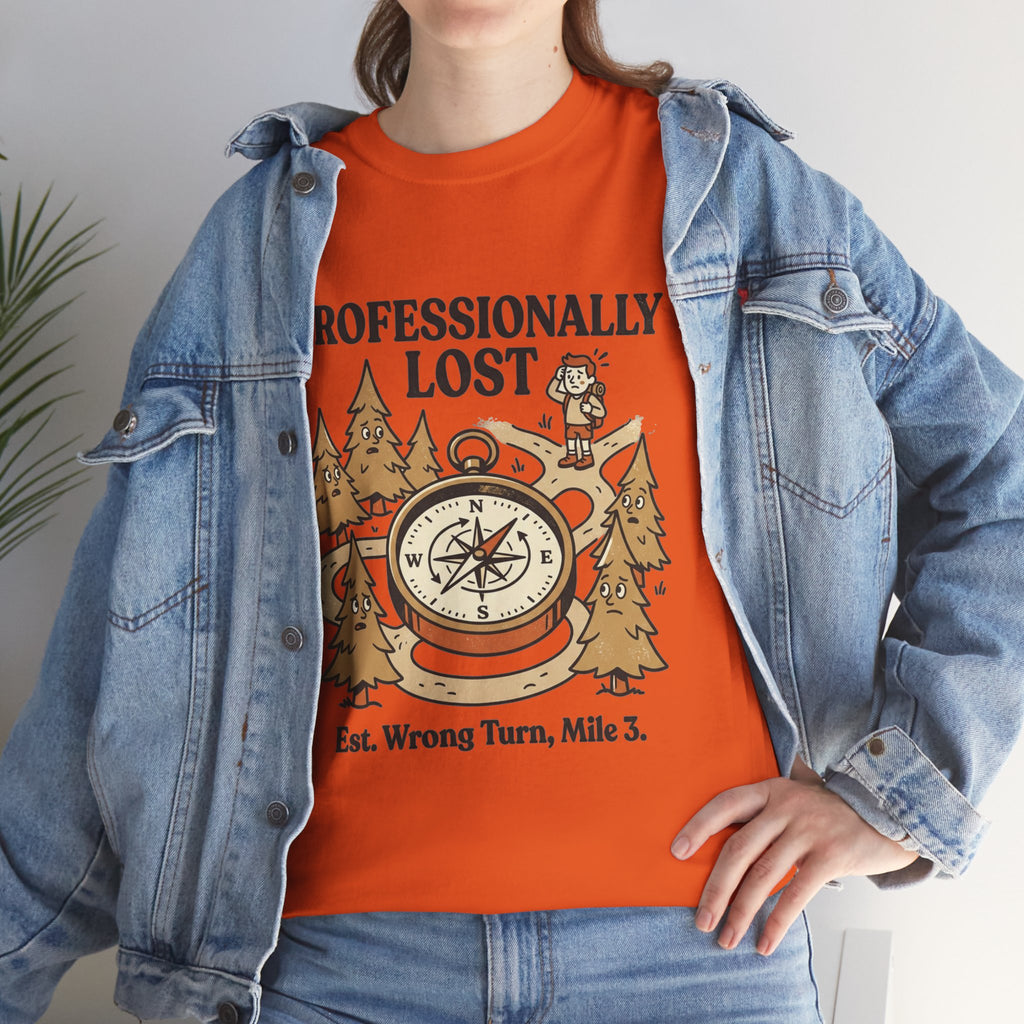 Professionally Lost Compass T-Shirt — Funny Hiking Shirt (“Est. Wrong Turn, Mile 3”)