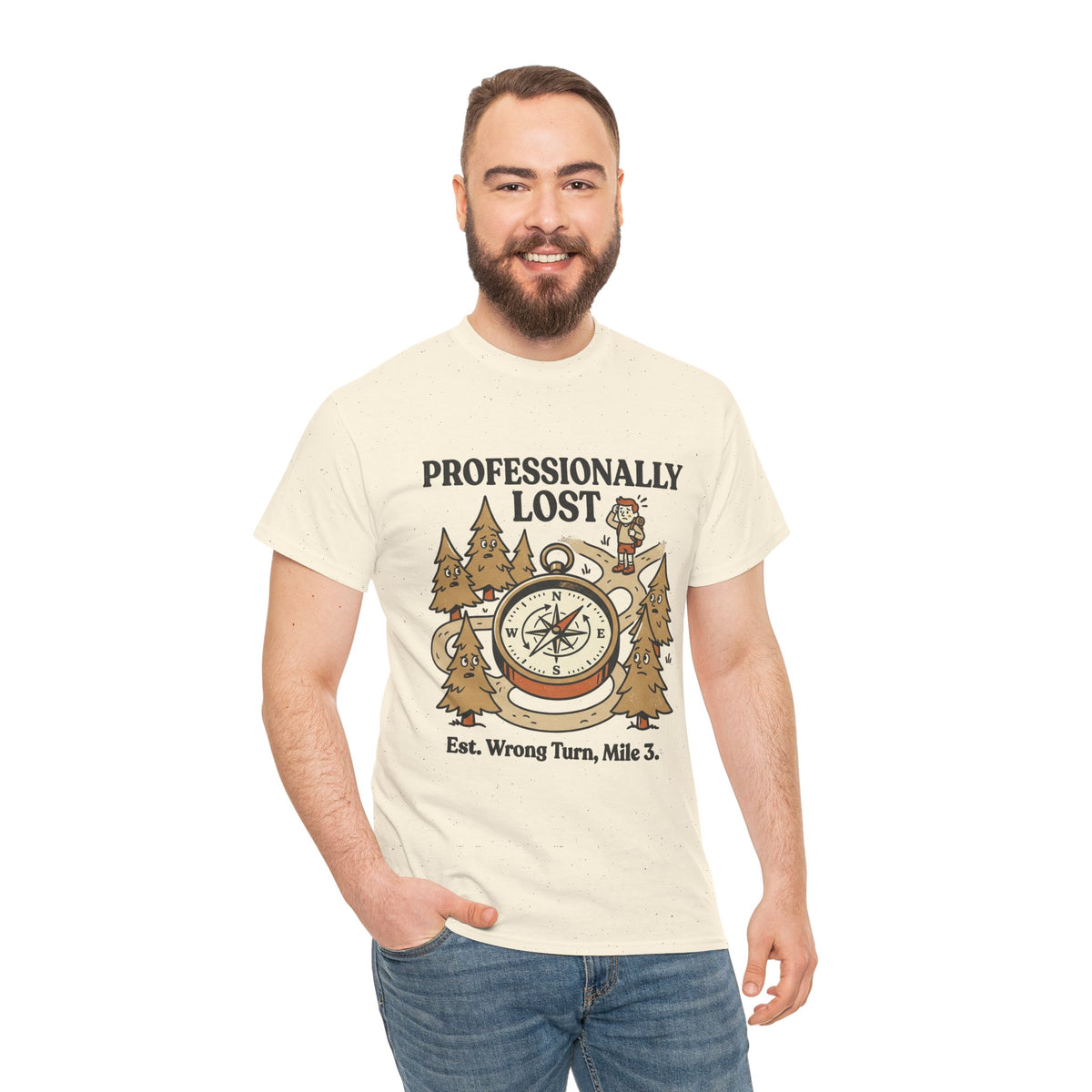 Professionally Lost Compass T-Shirt — Funny Hiking Shirt (“Est. Wrong Turn, Mile 3”)