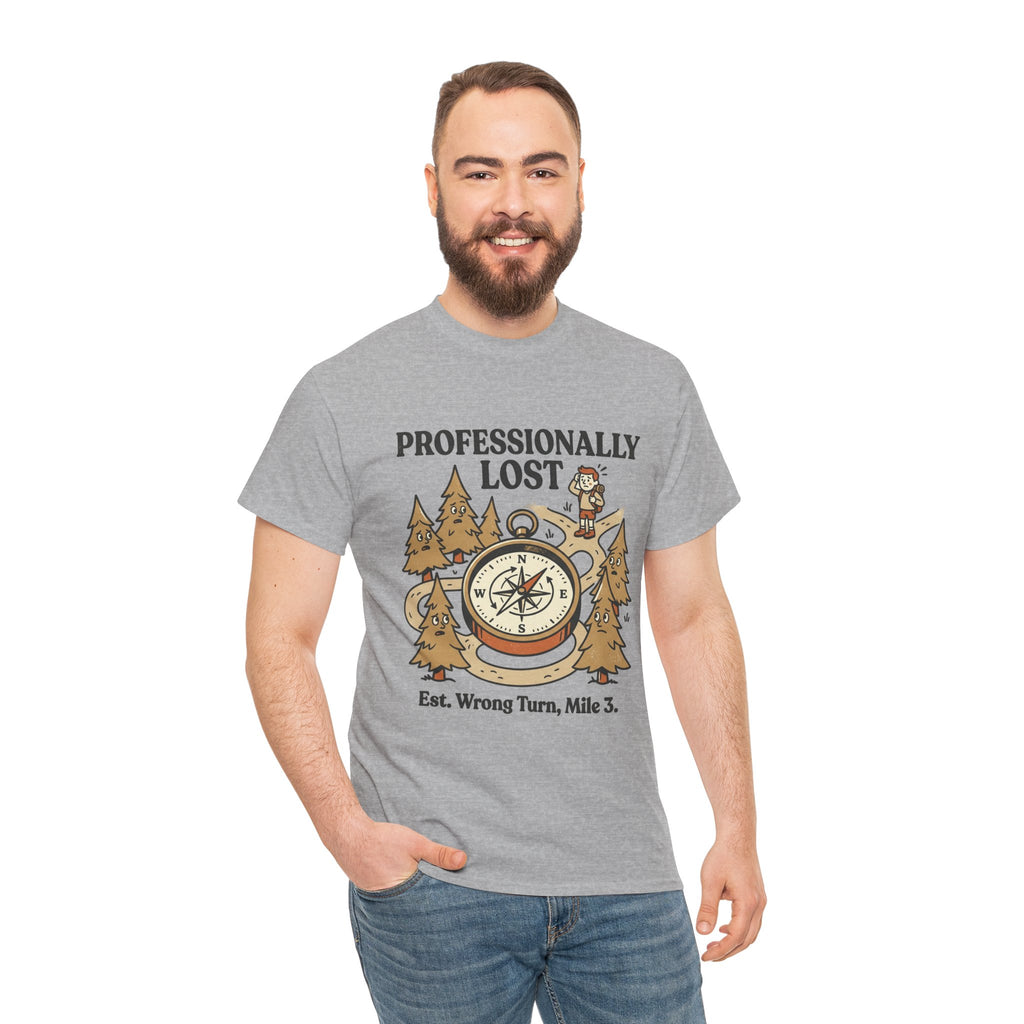 Professionally Lost Compass T-Shirt — Funny Hiking Shirt (“Est. Wrong Turn, Mile 3”)