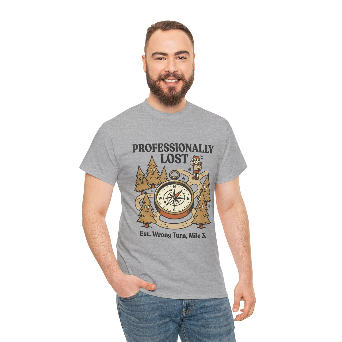 Professionally Lost Compass T-Shirt — Funny Hiking Shirt (“Est. Wrong Turn, Mile 3”)