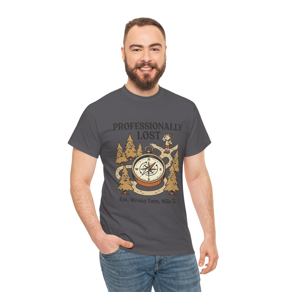 Professionally Lost Compass T-Shirt — Funny Hiking Shirt (“Est. Wrong Turn, Mile 3”)