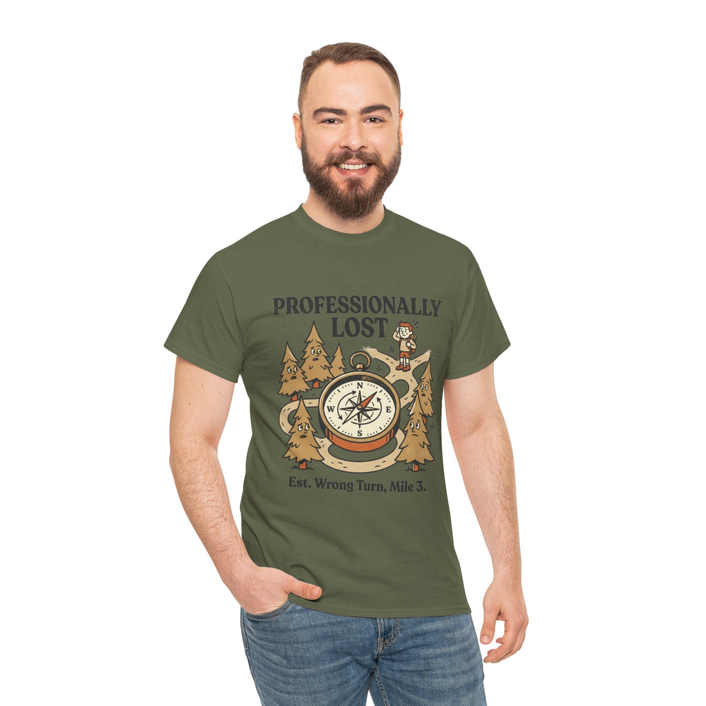 Professionally Lost Compass T-Shirt — Funny Hiking Shirt (“Est. Wrong Turn, Mile 3”)