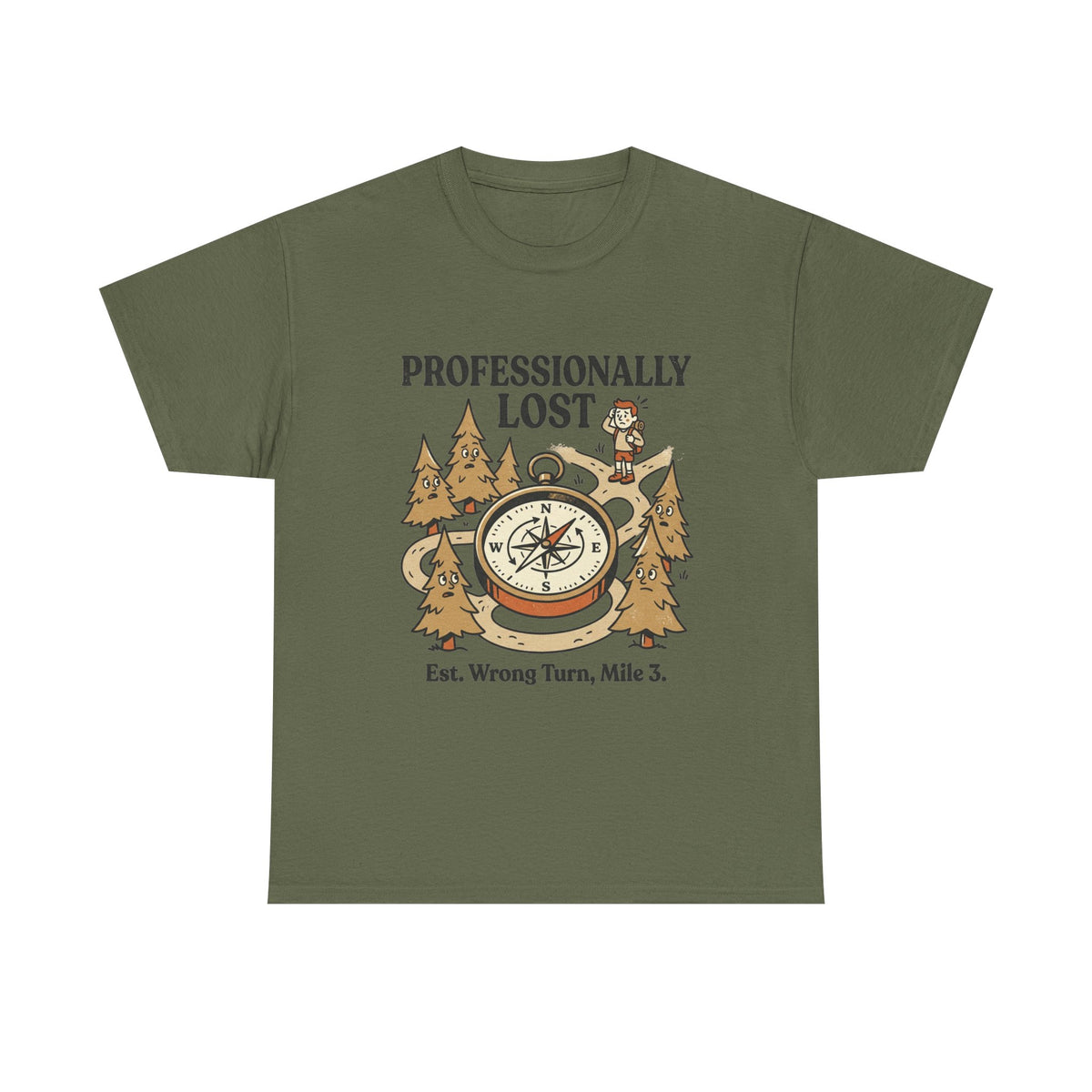 Professionally Lost Compass T-Shirt — Funny Hiking Shirt (“Est. Wrong Turn, Mile 3”)