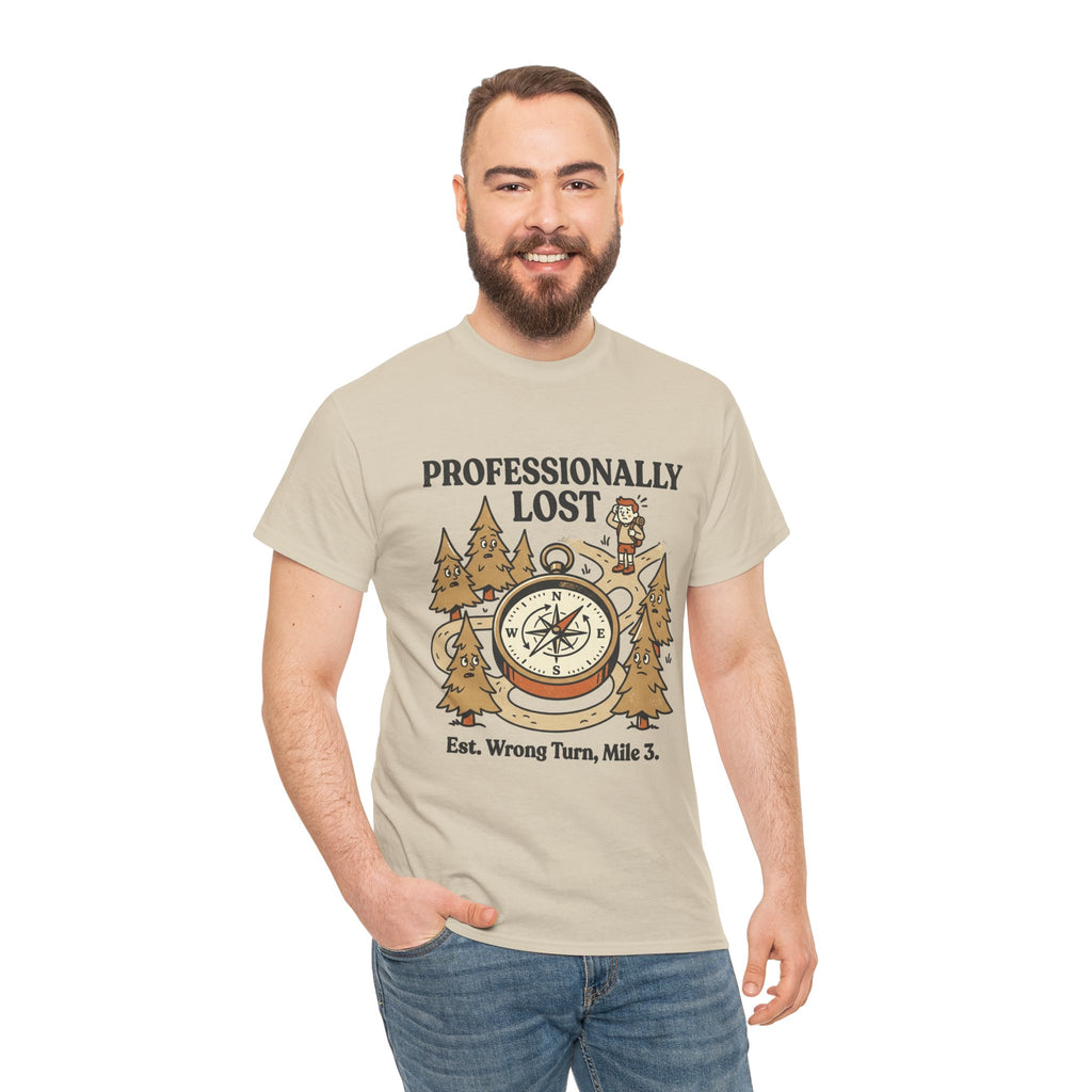 Professionally Lost Compass T-Shirt — Funny Hiking Shirt (“Est. Wrong Turn, Mile 3”)
