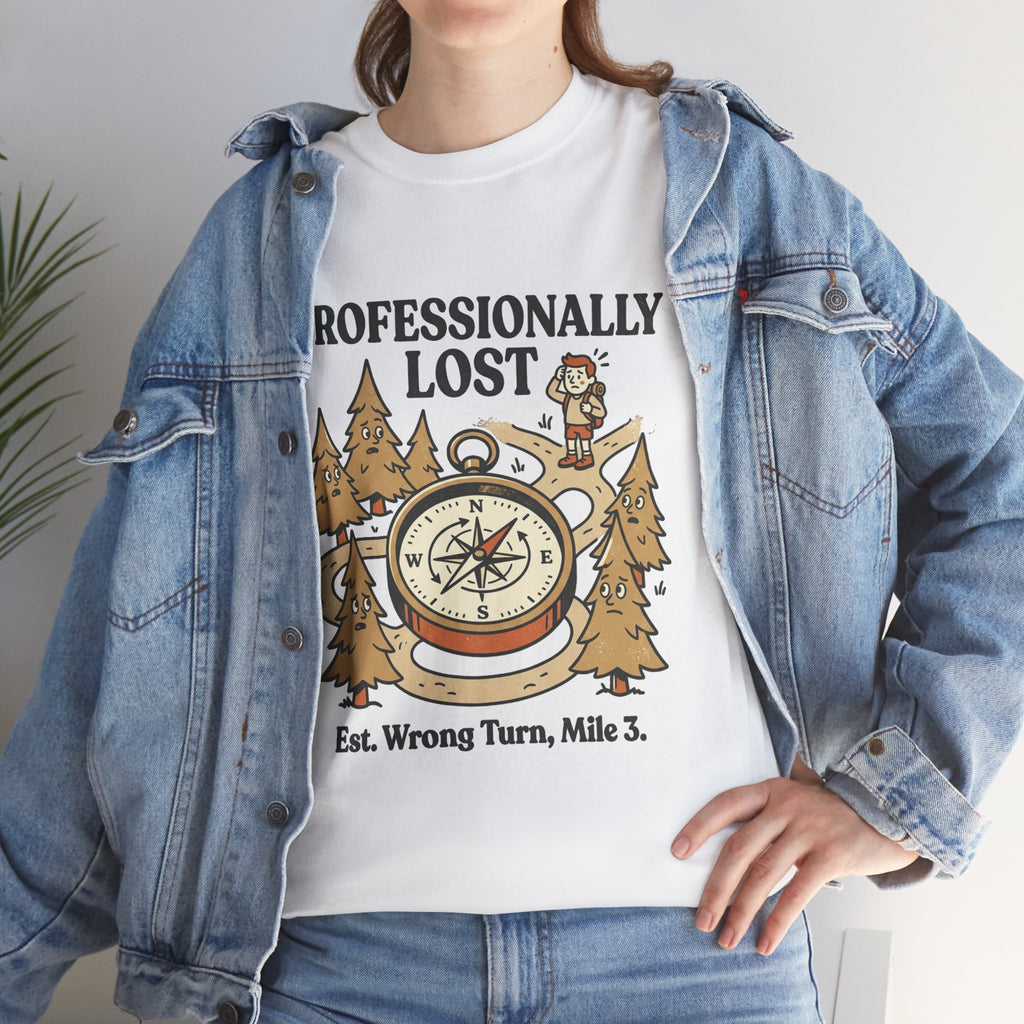 Professionally Lost Compass T-Shirt — Funny Hiking Shirt (“Est. Wrong Turn, Mile 3”)