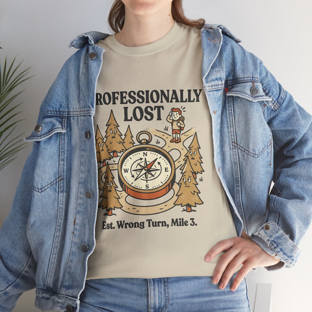 Professionally Lost Compass T-Shirt — Funny Hiking Shirt (“Est. Wrong Turn, Mile 3”)