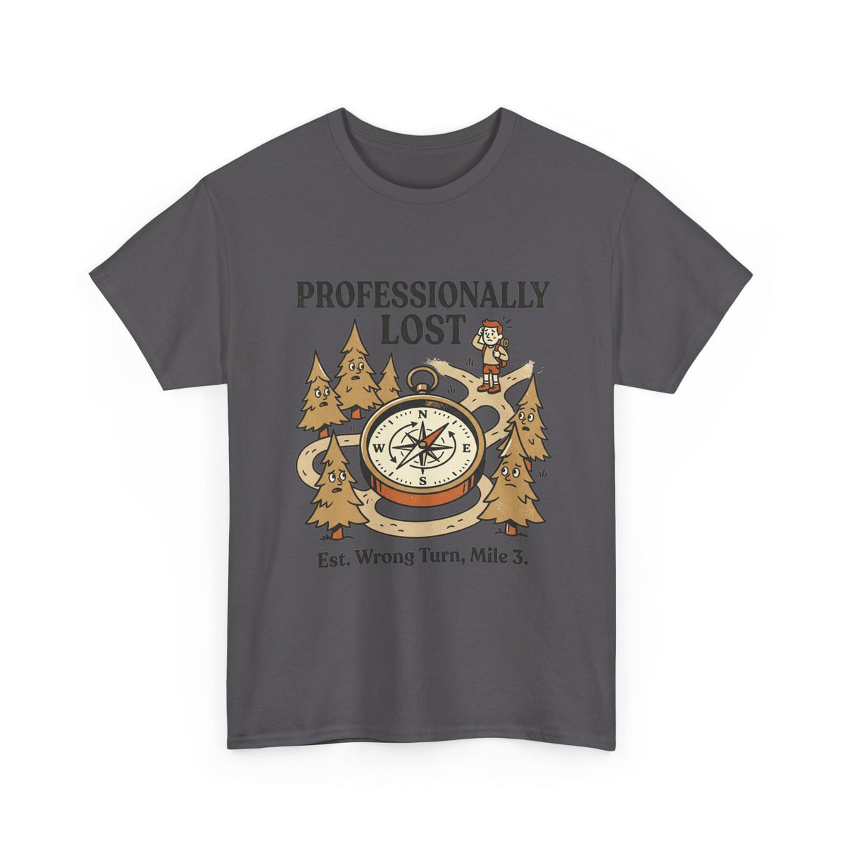 Professionally Lost Compass T-Shirt — Funny Hiking Shirt (“Est. Wrong Turn, Mile 3”)
