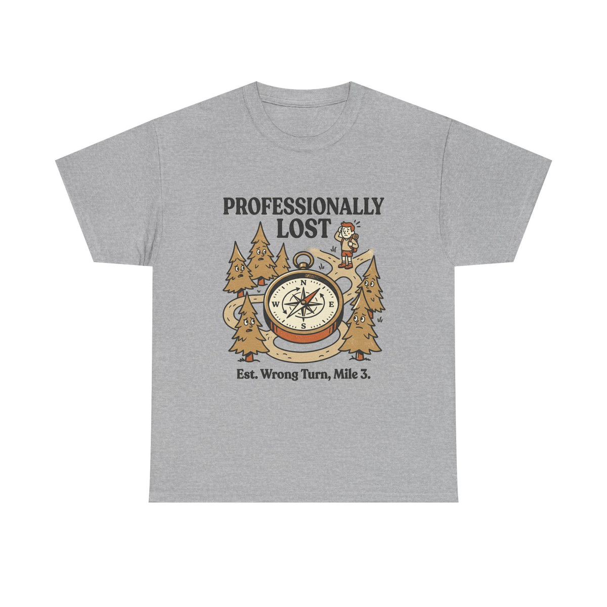 Professionally Lost Compass T-Shirt — Funny Hiking Shirt (“Est. Wrong Turn, Mile 3”)