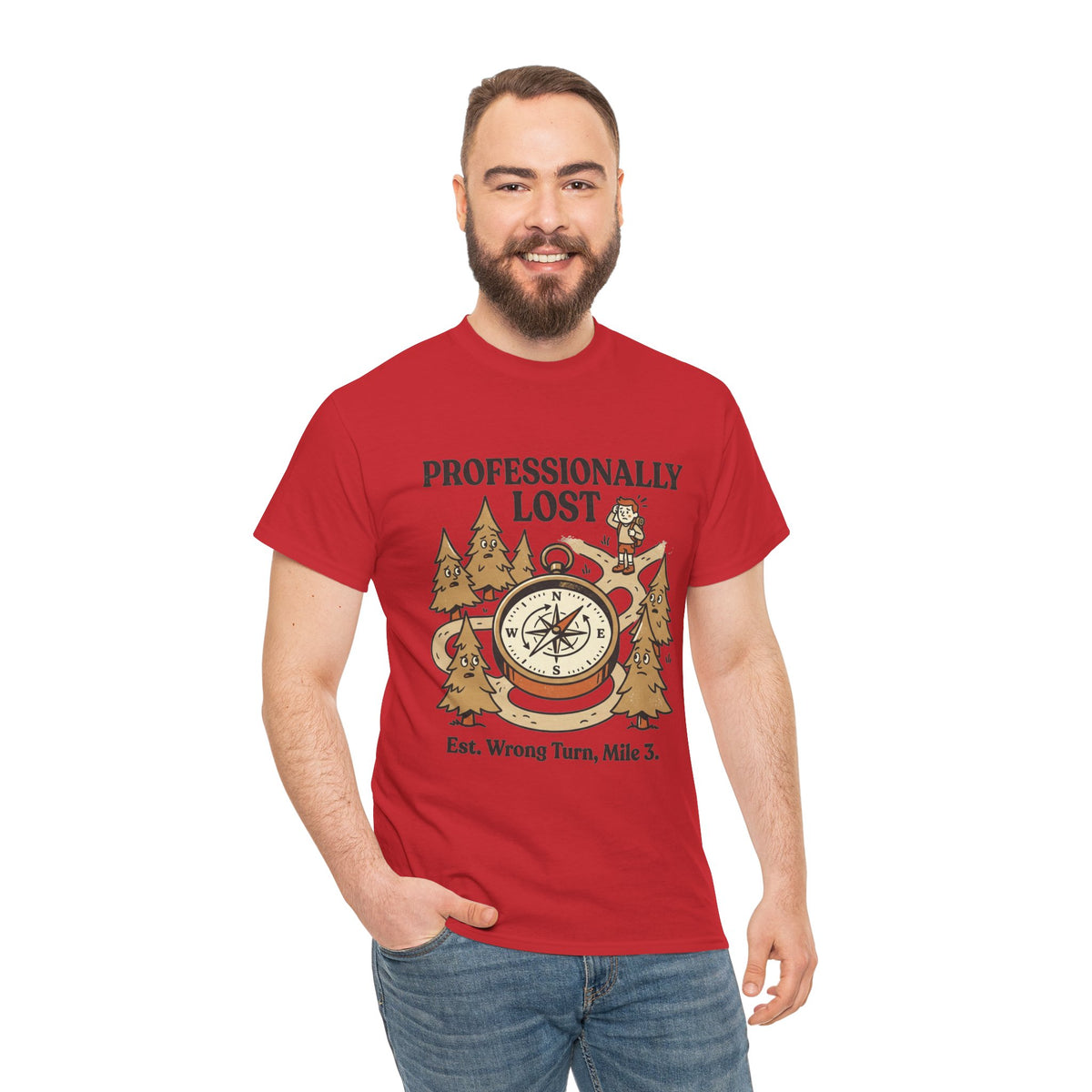 Professionally Lost Compass T-Shirt — Funny Hiking Shirt (“Est. Wrong Turn, Mile 3”)