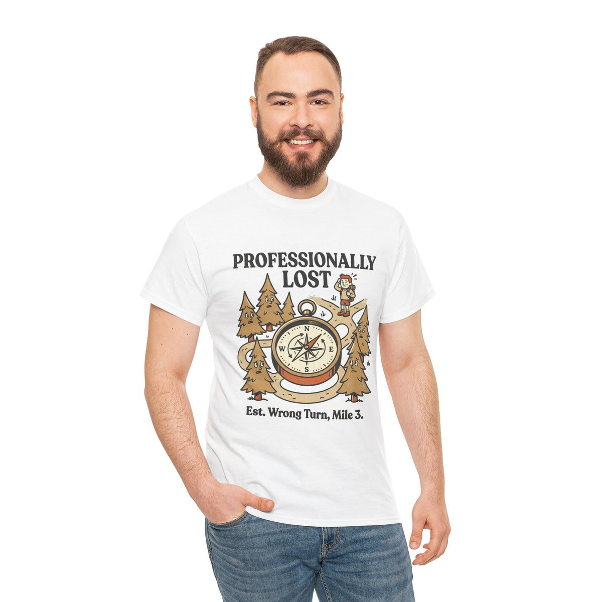 Professionally Lost Compass T-Shirt — Funny Hiking Shirt (“Est. Wrong Turn, Mile 3”)