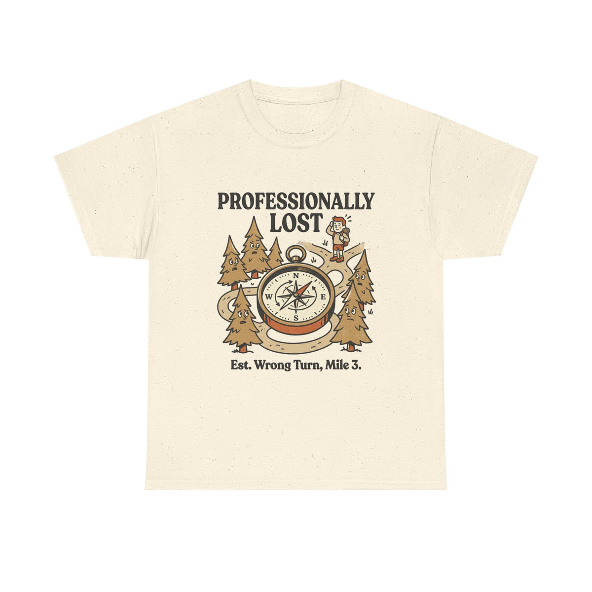 Professionally Lost Compass T-Shirt — Funny Hiking Shirt (“Est. Wrong Turn, Mile 3”)