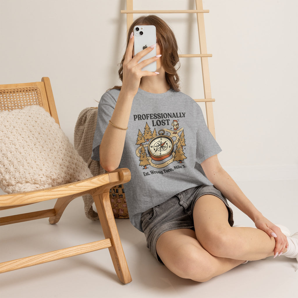 Professionally Lost Compass T-Shirt — Funny Hiking Shirt (“Est. Wrong Turn, Mile 3”)