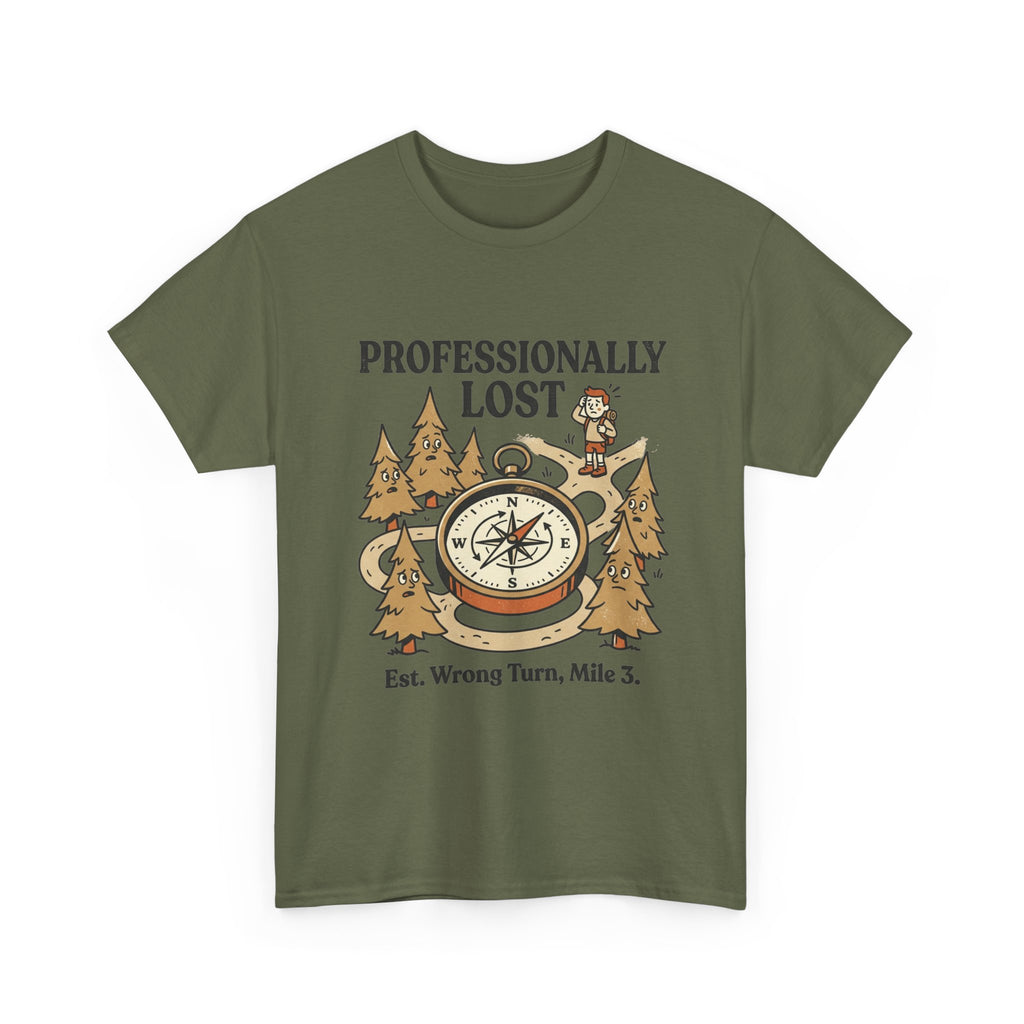 Professionally Lost Compass T-Shirt — Funny Hiking Shirt (“Est. Wrong Turn, Mile 3”)