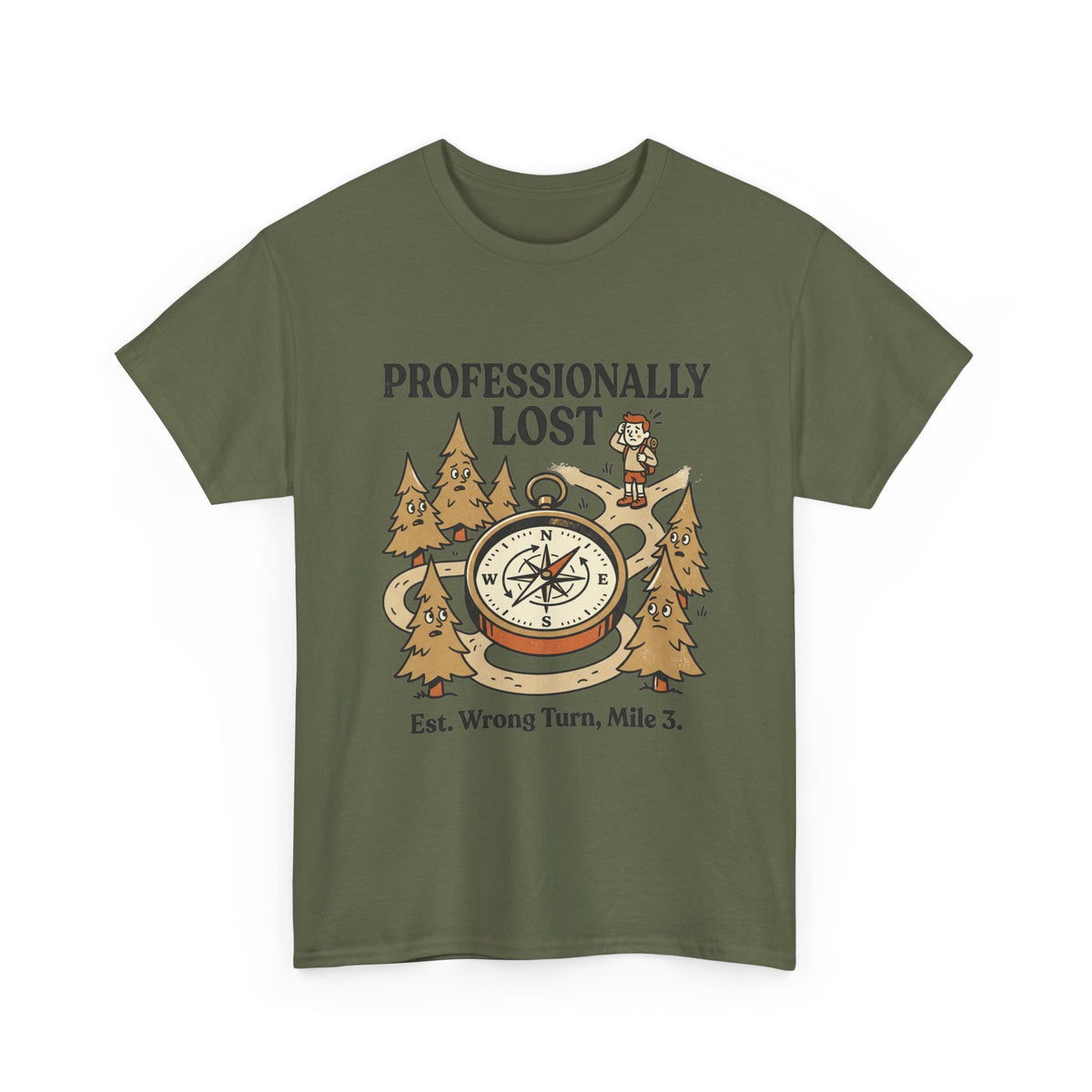 Professionally Lost Compass T-Shirt — Funny Hiking Shirt (“Est. Wrong Turn, Mile 3”)