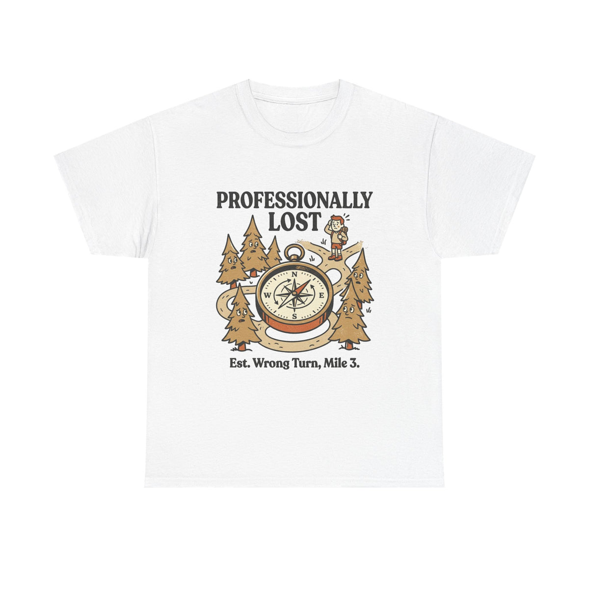 Professionally Lost Compass T-Shirt — Funny Hiking Shirt (“Est. Wrong Turn, Mile 3”)