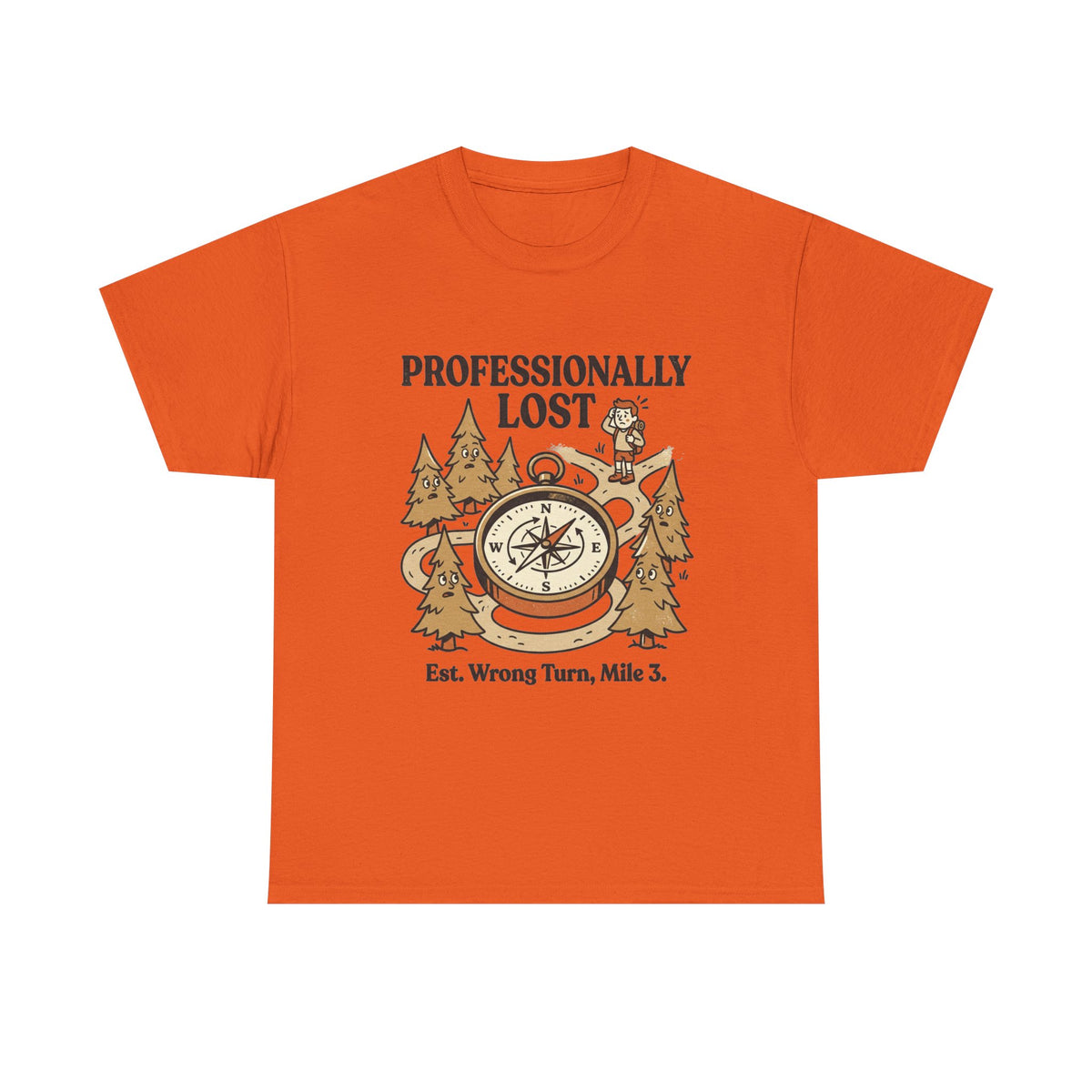 Professionally Lost Compass T-Shirt — Funny Hiking Shirt (“Est. Wrong Turn, Mile 3”)