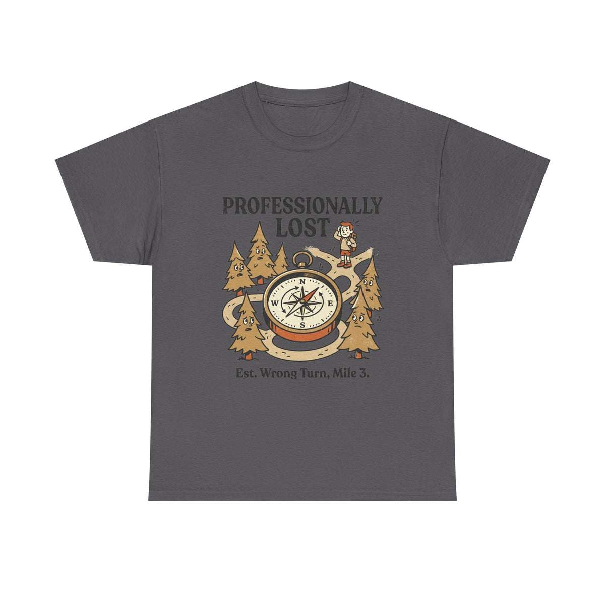 Professionally Lost Compass T-Shirt — Funny Hiking Shirt (“Est. Wrong Turn, Mile 3”)