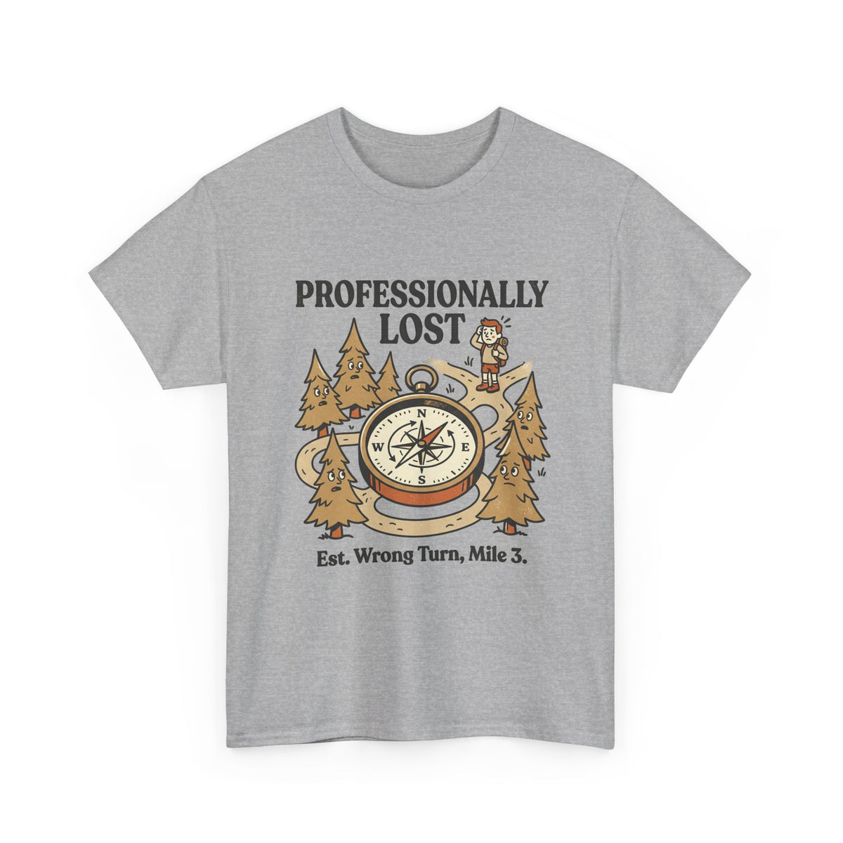 Professionally Lost Compass T-Shirt — Funny Hiking Shirt (“Est. Wrong Turn, Mile 3”)
