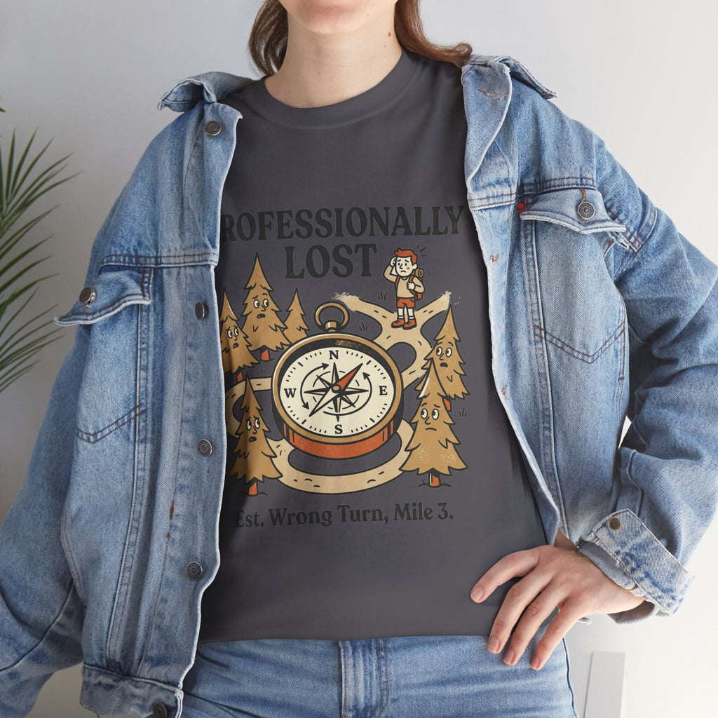 Professionally Lost Compass T-Shirt — Funny Hiking Shirt (“Est. Wrong Turn, Mile 3”)