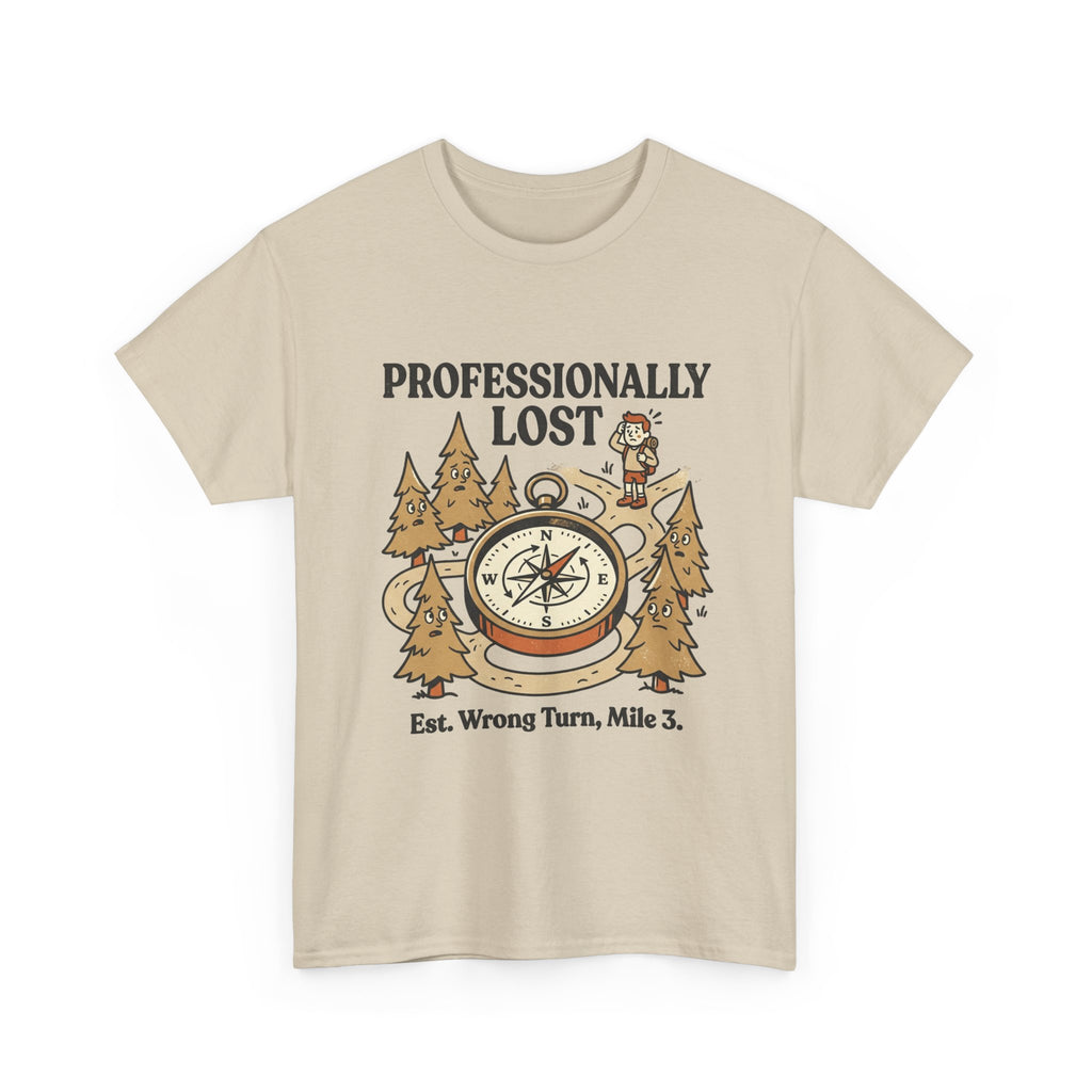 Professionally Lost Compass T-Shirt — Funny Hiking Shirt (“Est. Wrong Turn, Mile 3”)