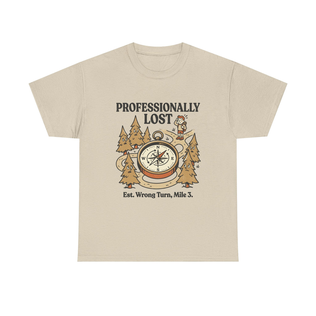Professionally Lost Compass T-Shirt — Funny Hiking Shirt (“Est. Wrong Turn, Mile 3”)