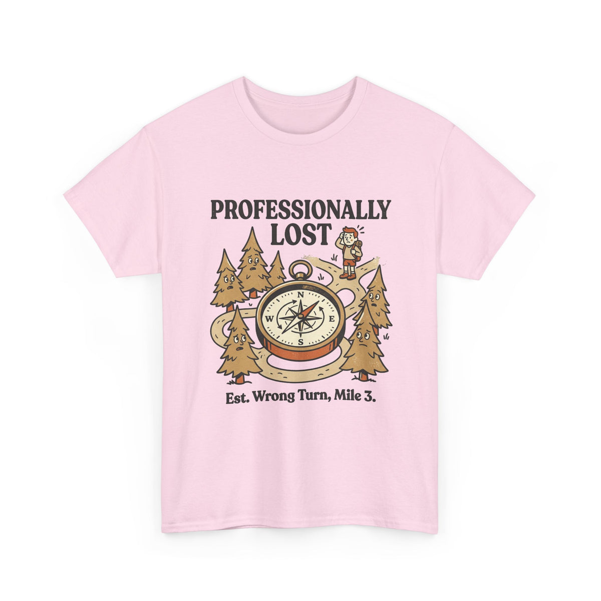 Professionally Lost Compass T-Shirt — Funny Hiking Shirt (“Est. Wrong Turn, Mile 3”)